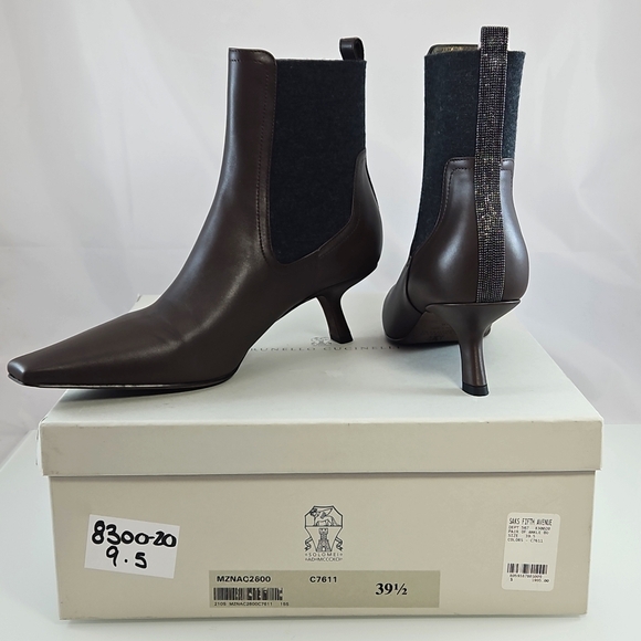 NEW Brunello Cucinelli Leather Monili Comma-Heel Ankle Boots Size 39.5 - Picture 7 of 16